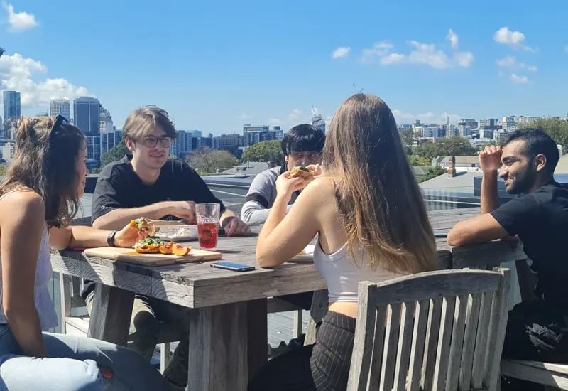 sandfield team eating lunch on sunny day