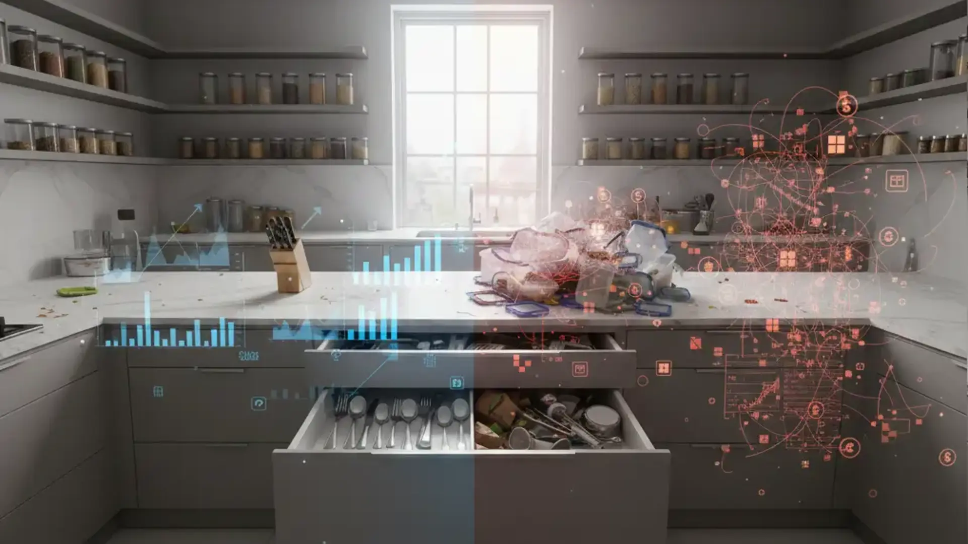 A split-screen visual metaphor comparing a clean, organised modern kitchen with a cluttered, messy one, overlaid with holographic Power BI data charts.
