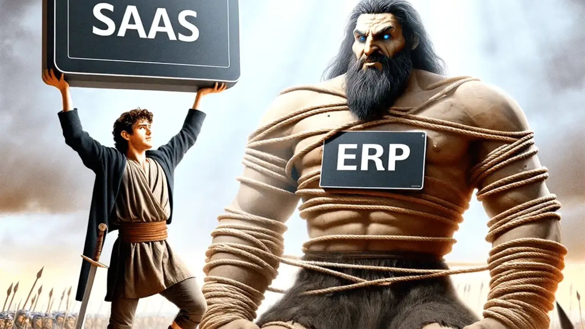 Devid pictured as 'saas' defeating goliath pictured as 'ERP'