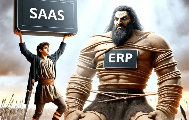 Devid pictured as 'saas' defeating goliath pictured as 'ERP' loading=