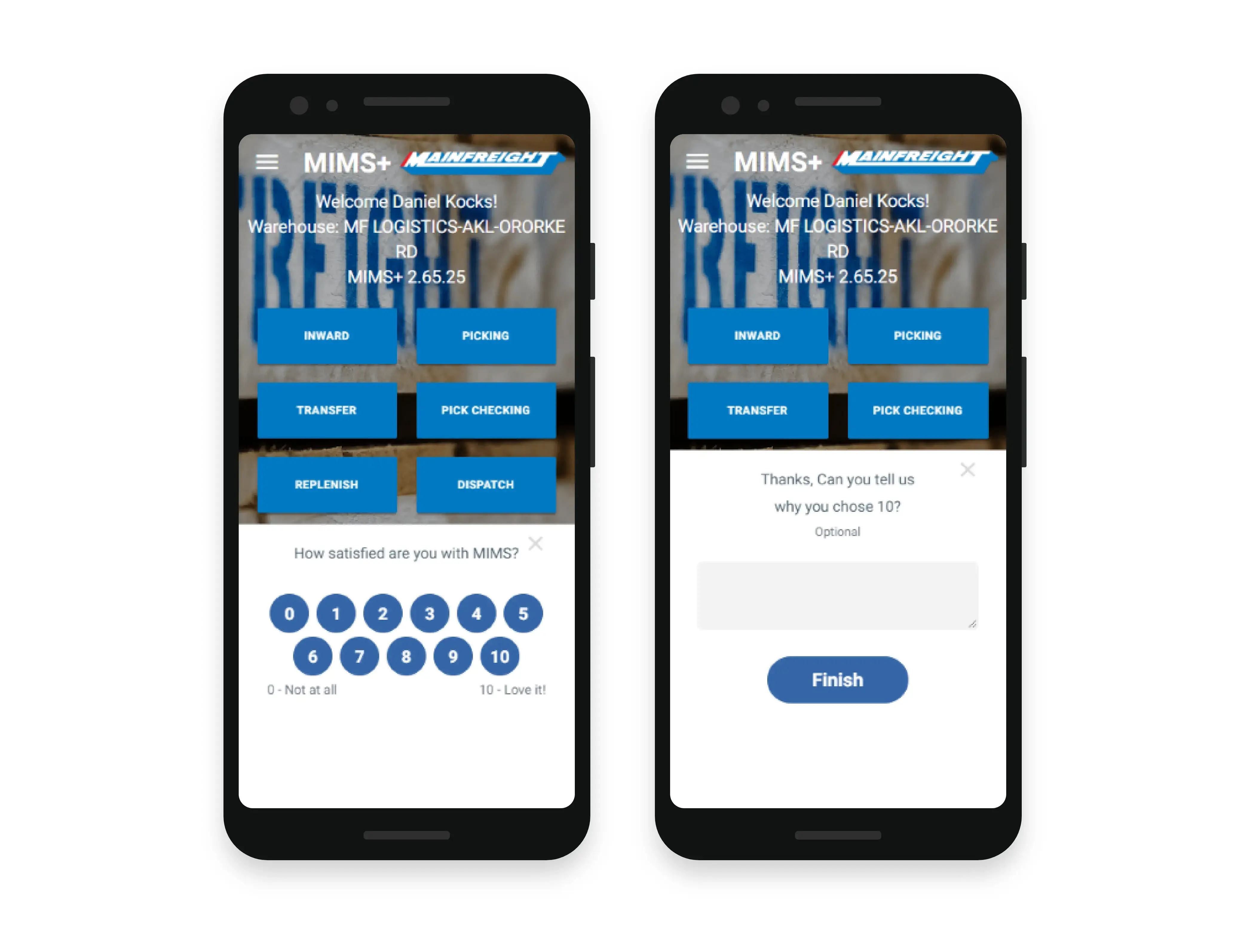 mainfreight NPS app screen