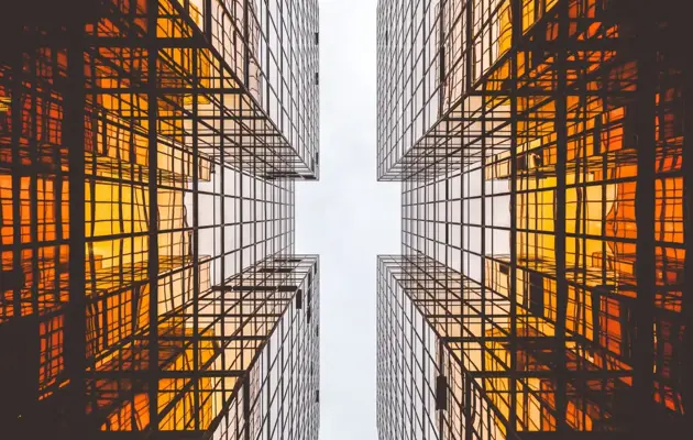 Orange reflection on buildings loading=