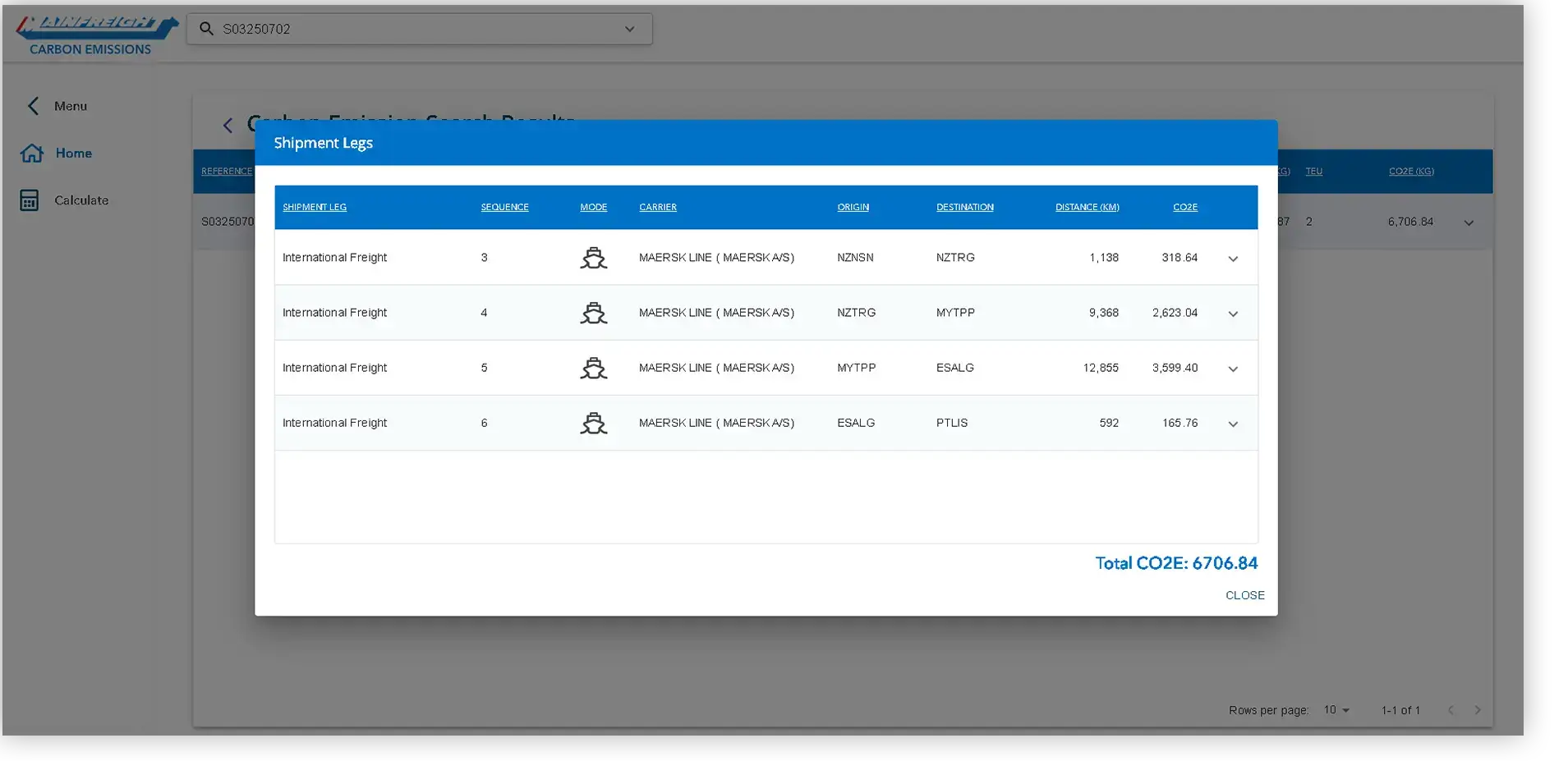 Mainfreight UI displaying each leg of the shipment and its total distance and CO2e.